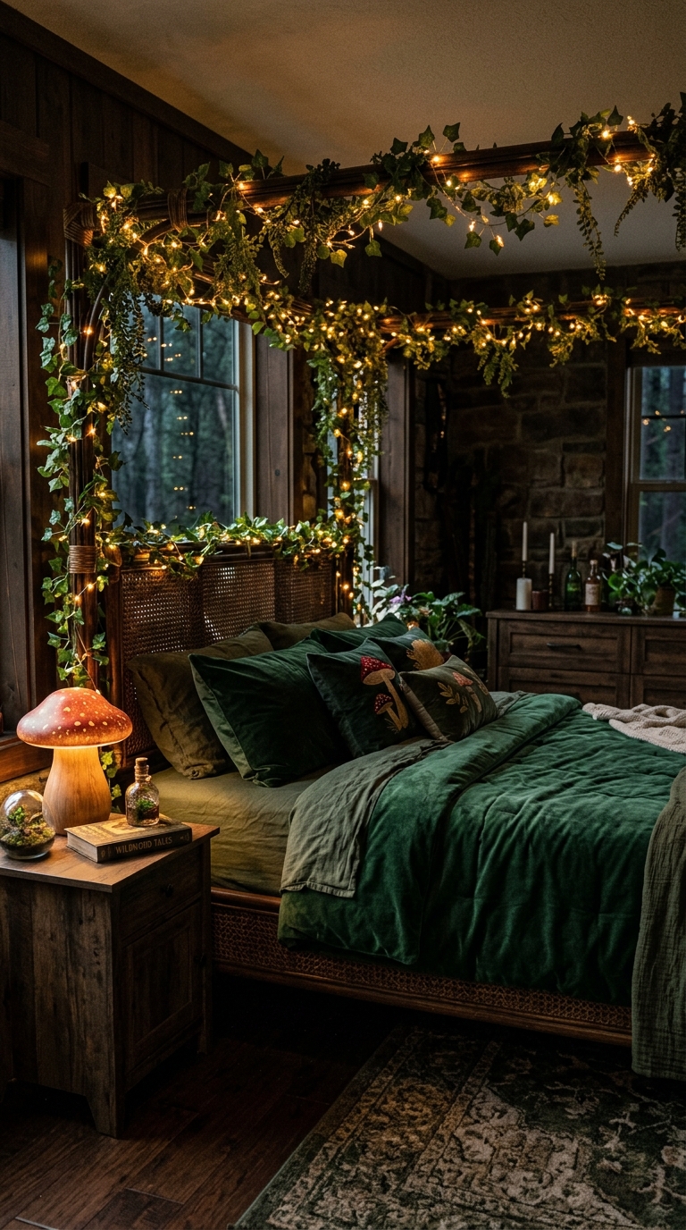 Enchanted forest witchy bedroom with faux ivy canopy, warm fairy lights through greenery, green velvet bedding, and a mushroom lamp on the nightstand