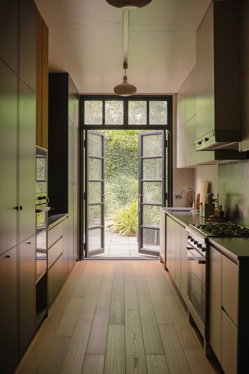Galley kitchen with patio door at the end creating a runway effect and garden view