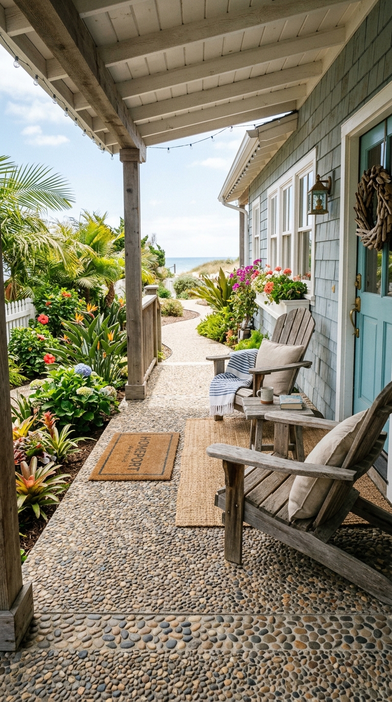 Exposed aggregate concrete porch with natural river pebble finish on a coastal cottage home