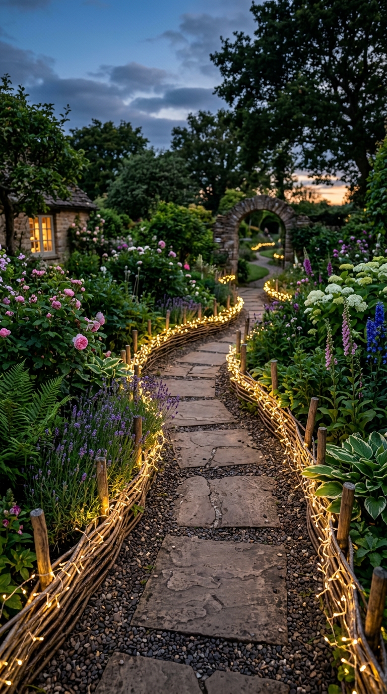 Fairy lights along the border of a cottage garden walkway