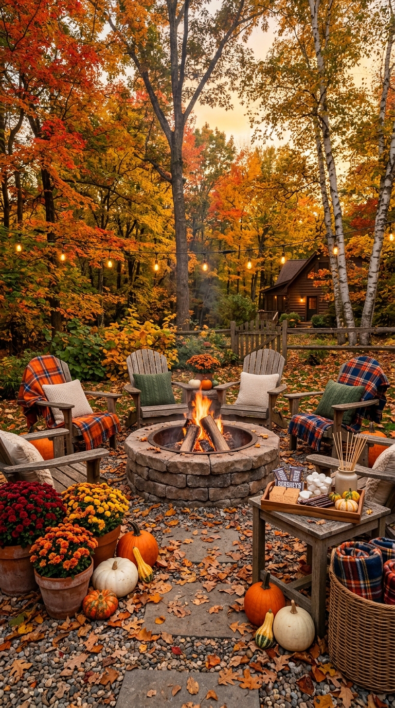 Cozy autumn backyard fire pit decorated with pumpkins and blankets