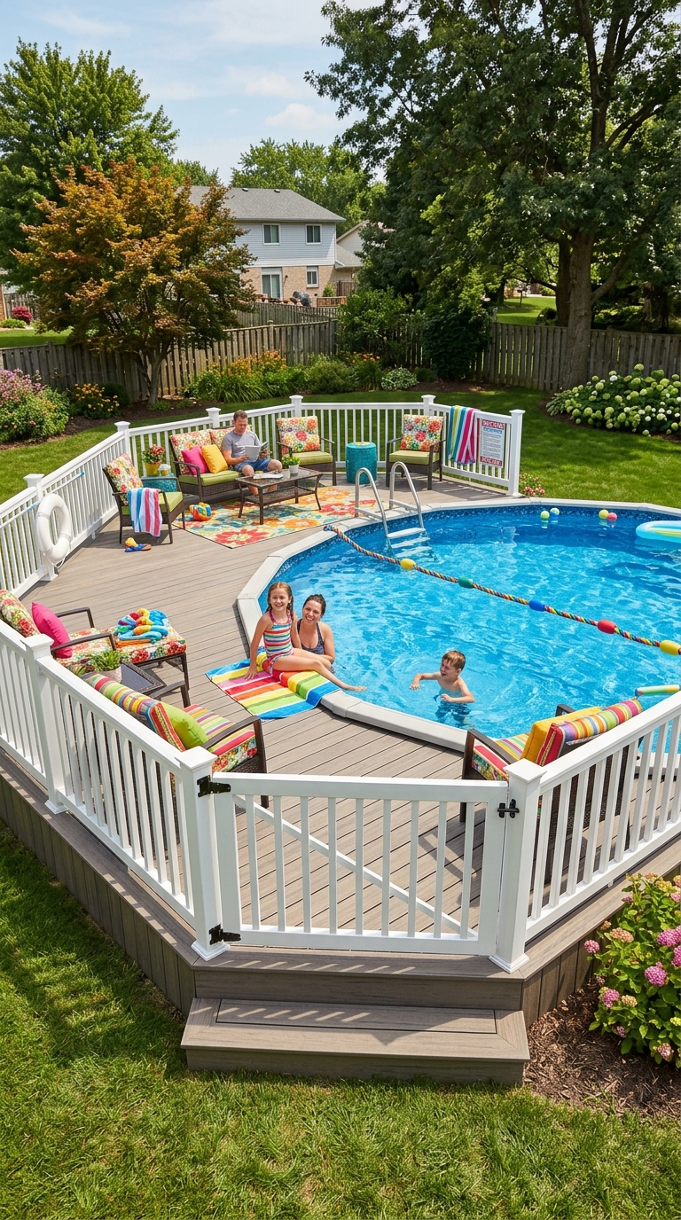 Family-friendly pool deck with safety gate around above-ground pool