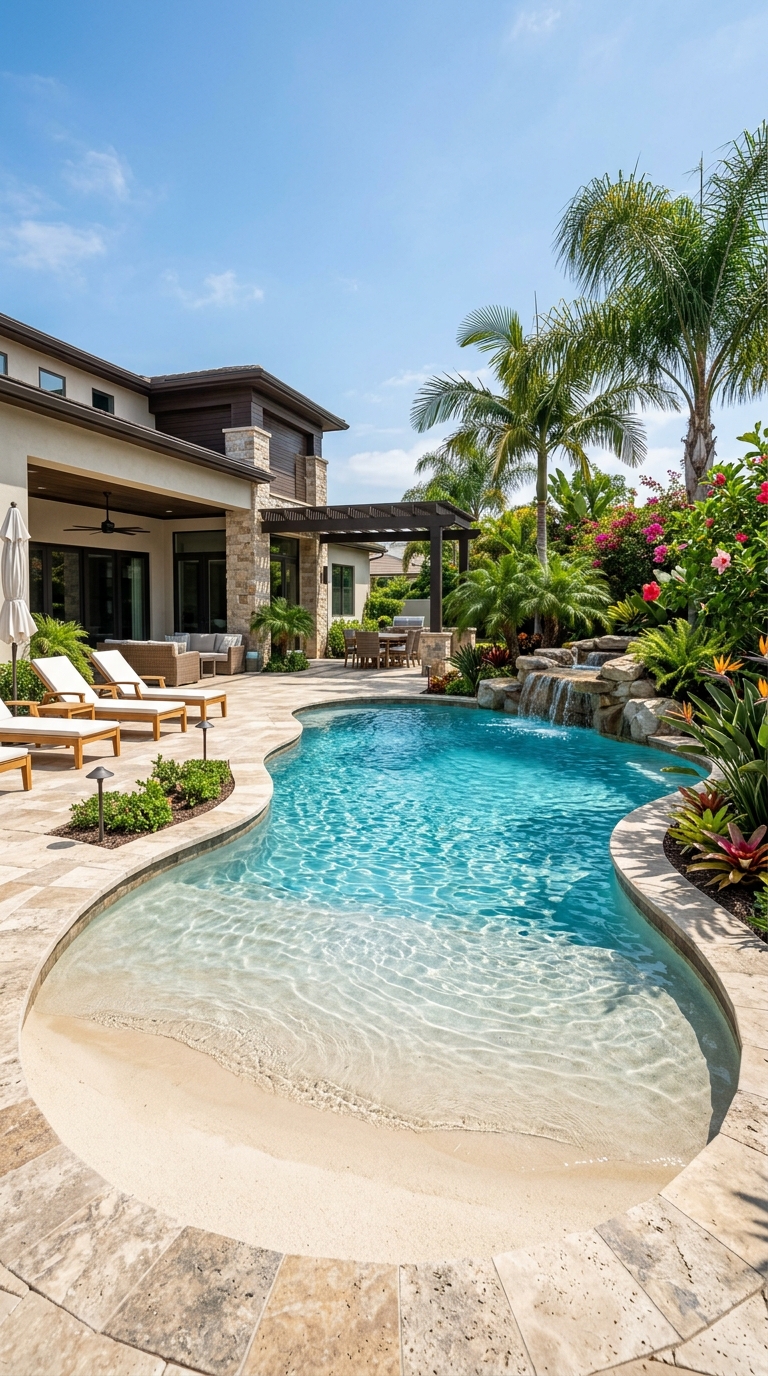 Family-friendly beach entry pool with gradual shallow entrance and natural stone deck
