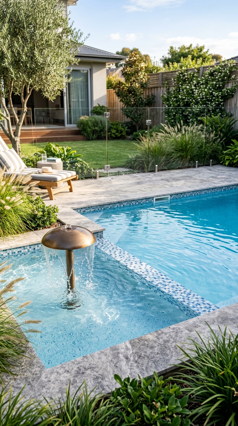 Compact family swimming pool with a shallow wading area and safety fence
