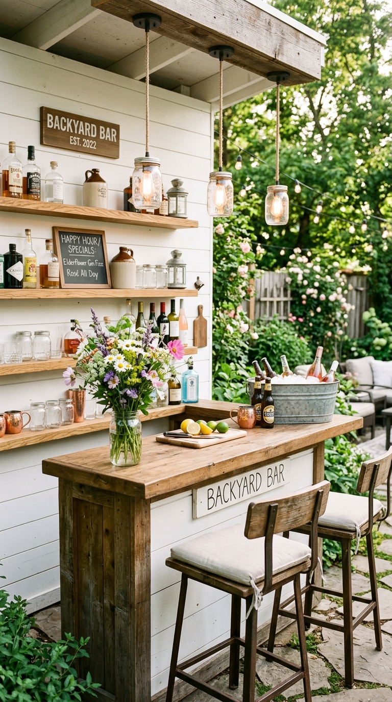 Farmhouse backyard bar with white shiplap back wall, open oak shelving, mason jar pendant lights, and galvanized metal decor in an outdoor entertaining space