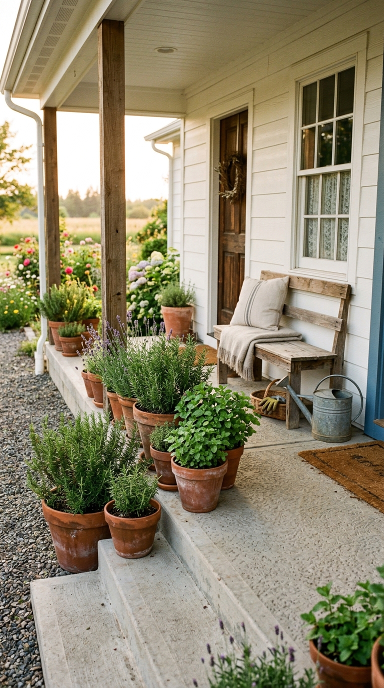 Farmhouse concrete porch lined with terracotta herb pots and a wooden bench