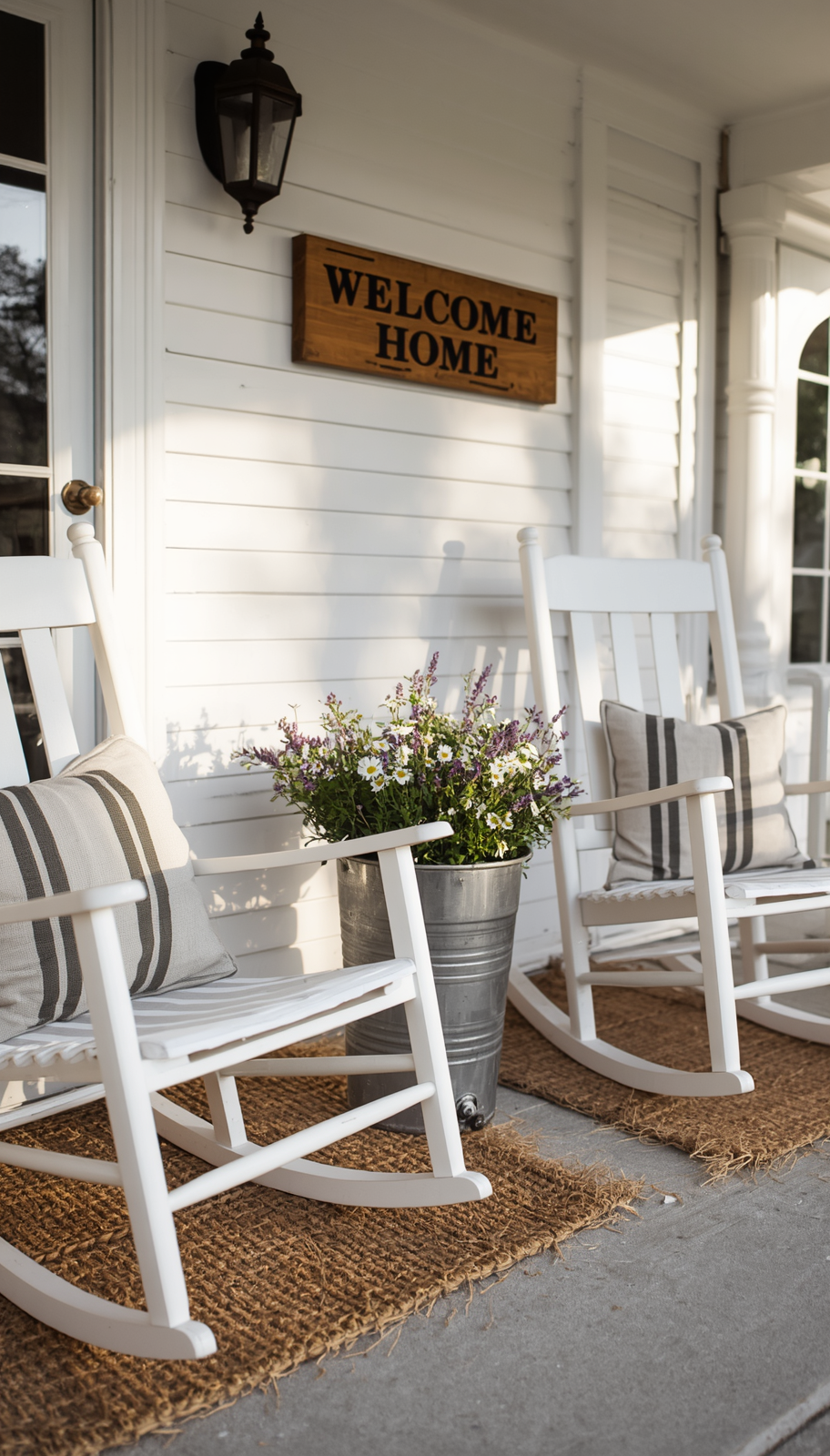 Farmhouse front porch with white rocking chairs, galvanized planters, and a wooden welcome sign