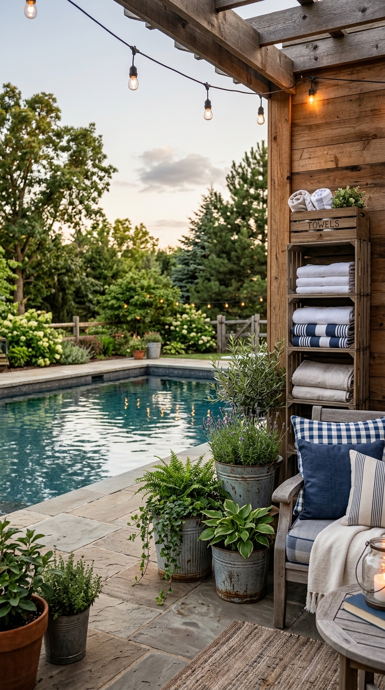 Rustic farmhouse-inspired poolside corner with galvanized planters, wooden crates, and warm string lights