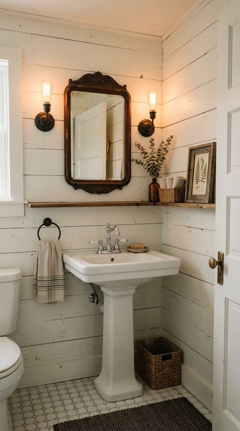 Cozy farmhouse powder room with shiplap walls and vintage pedestal sink