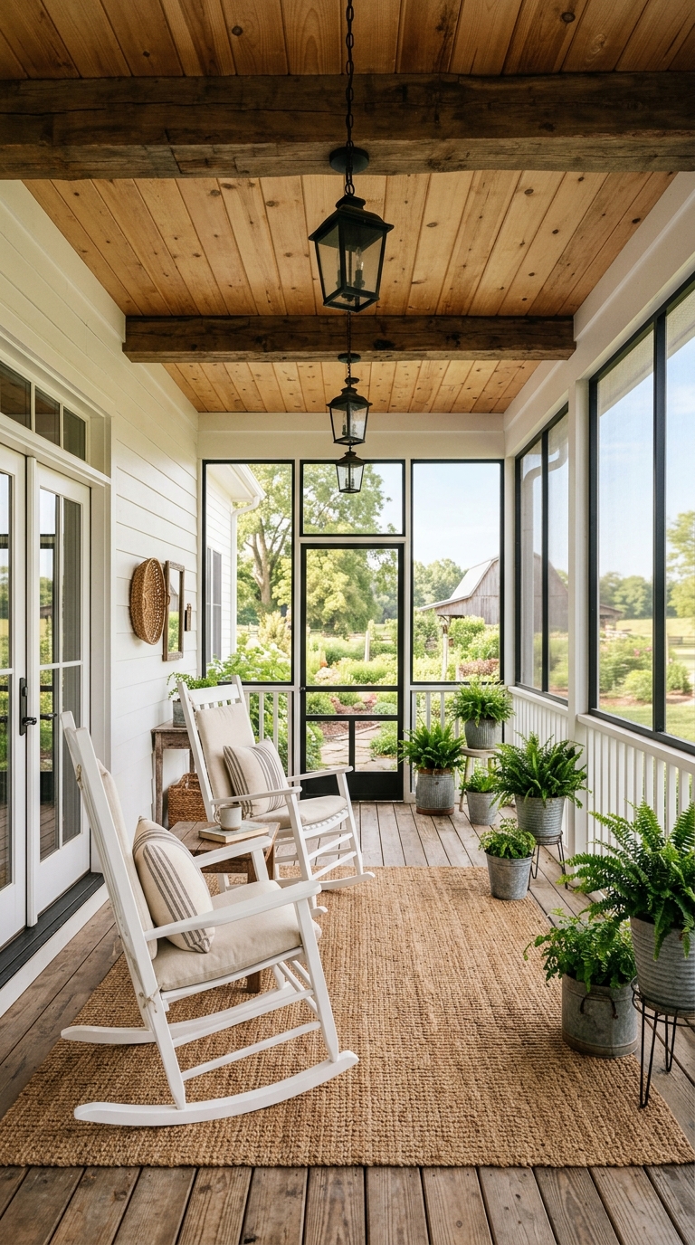 Farmhouse screened porch with white shiplap walls, rocking chairs, black lantern lights, and wood beam ceiling