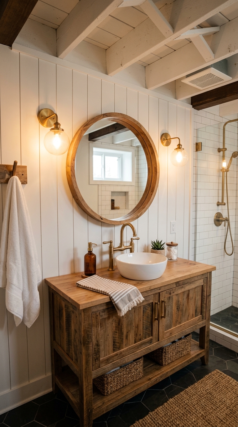 Farmhouse basement bathroom with white shiplap wall, round wood mirror, and brushed brass fixtures