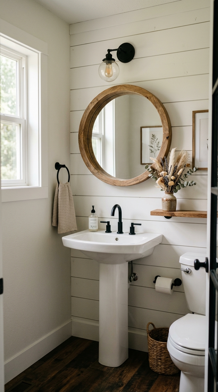 Farmhouse half bathroom with white shiplap accent wall and black fixtures