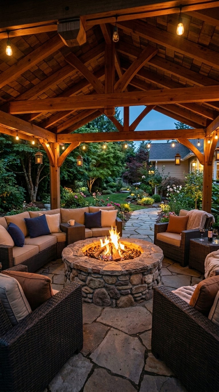 Fire feature gazebo backyard seating area