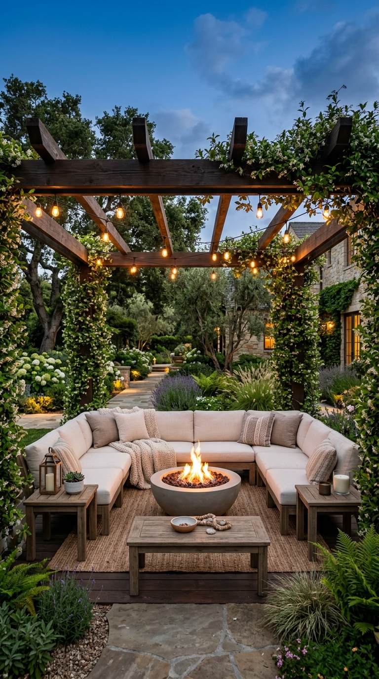 Wood pergola over a backyard fire pit with glowing string lights