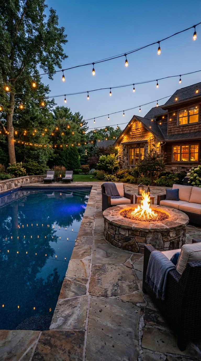 Backyard fire pit and pool combo with gas flames, string lights, and evening entertaining aesthetic