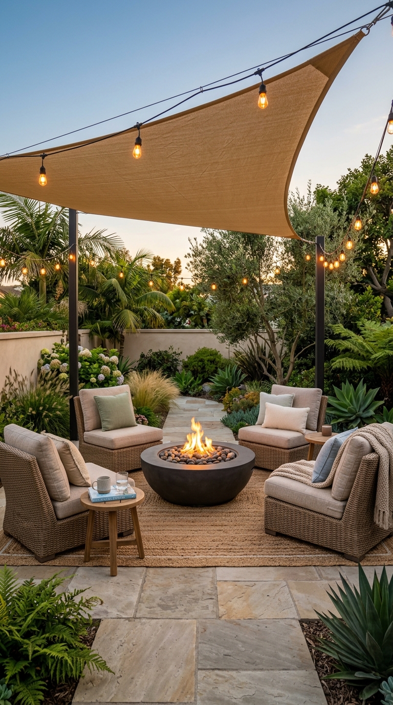 Modern backyard fire pit under a neutral shade sail with cozy seating