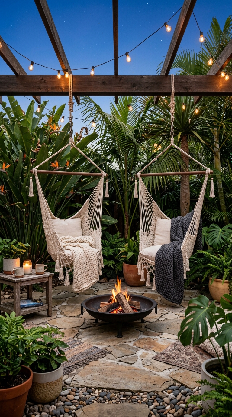 Backyard fire pit with hanging macramé hammock chairs and tropical plants