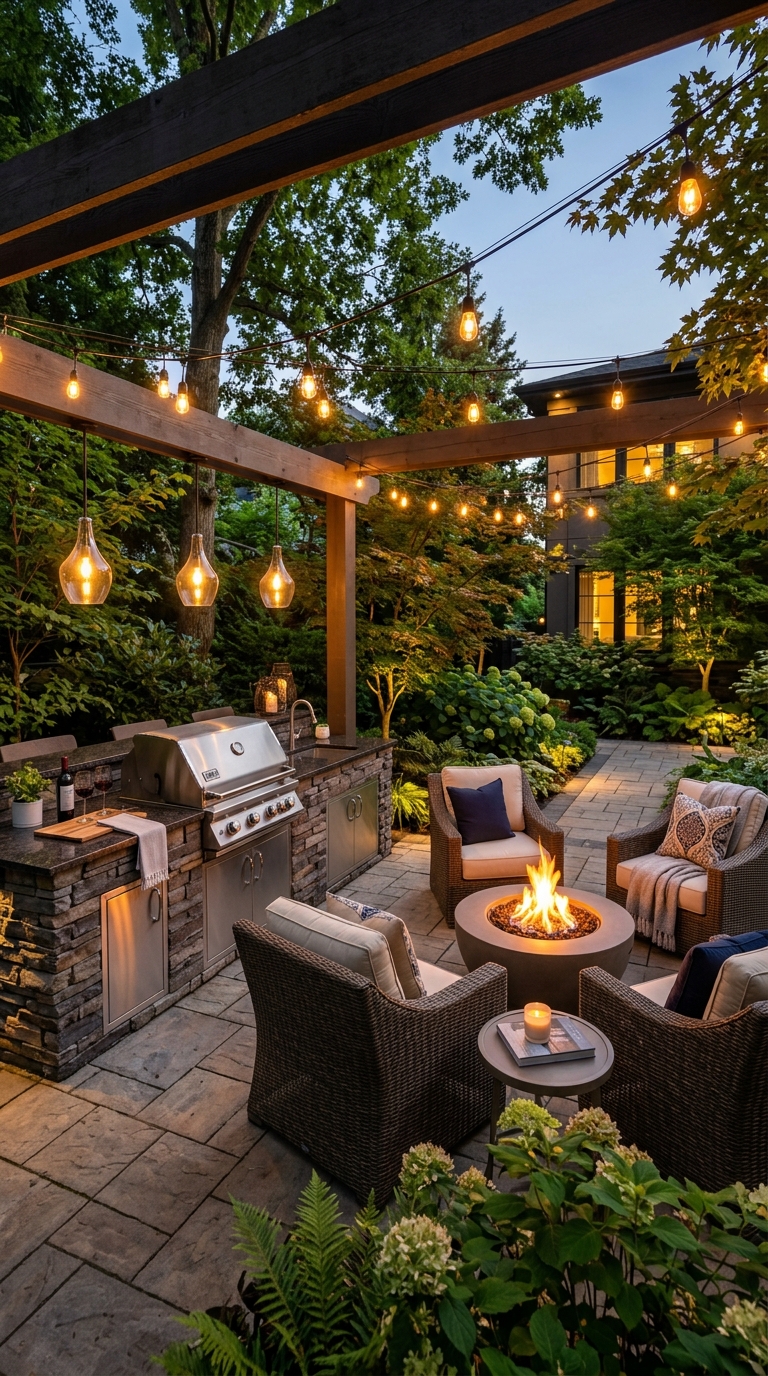 Luxury outdoor kitchen with a modern fire pit and lounge area