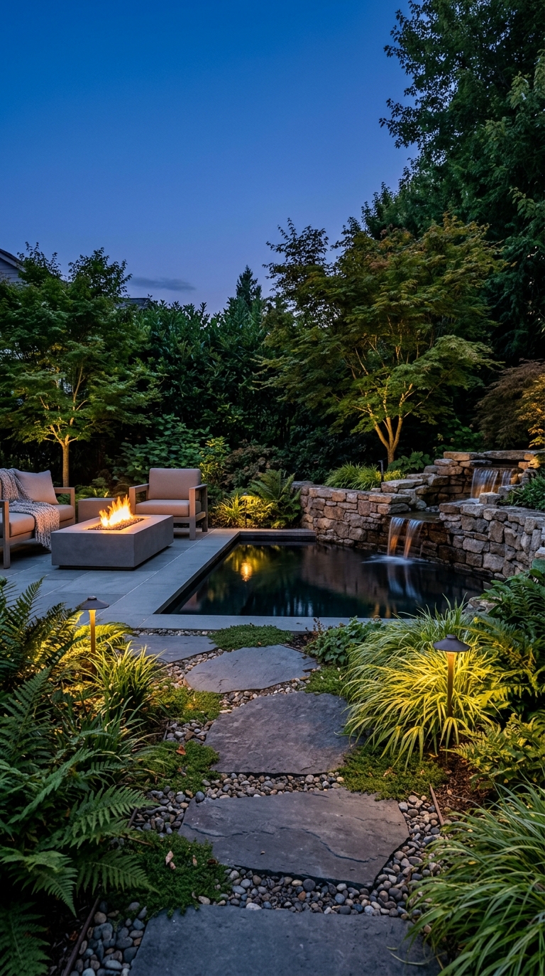 Modern backyard featuring a fire pit and elegant water feature