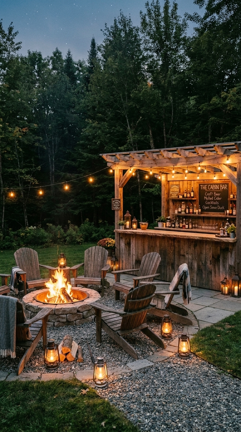 Backyard firepit and bar combo with rustic wooden bar facing a stone firepit circle, surrounded by Adirondack chairs and warm evening lighting