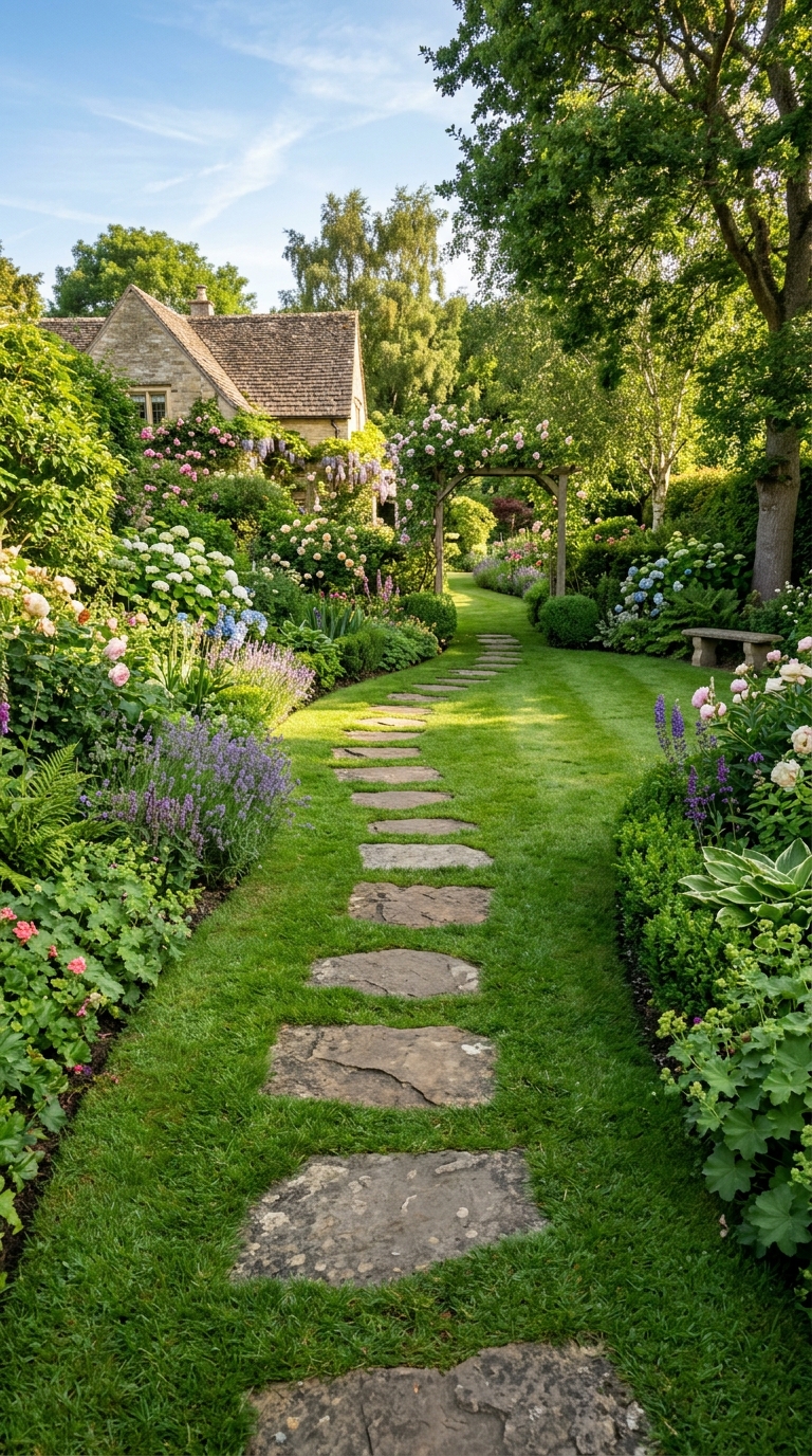 Large flat stepping stones set flush into a green lawn garden path