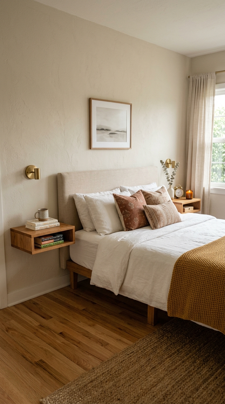 Small bedroom with floating wood bedside shelves instead of nightstands, minimal styling, and clean floor space