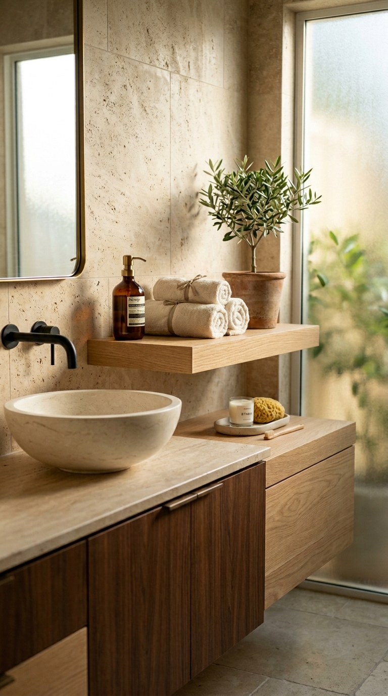 Floating shelf above bathroom sink with succulent and soap dispenser for small bathroom organization
