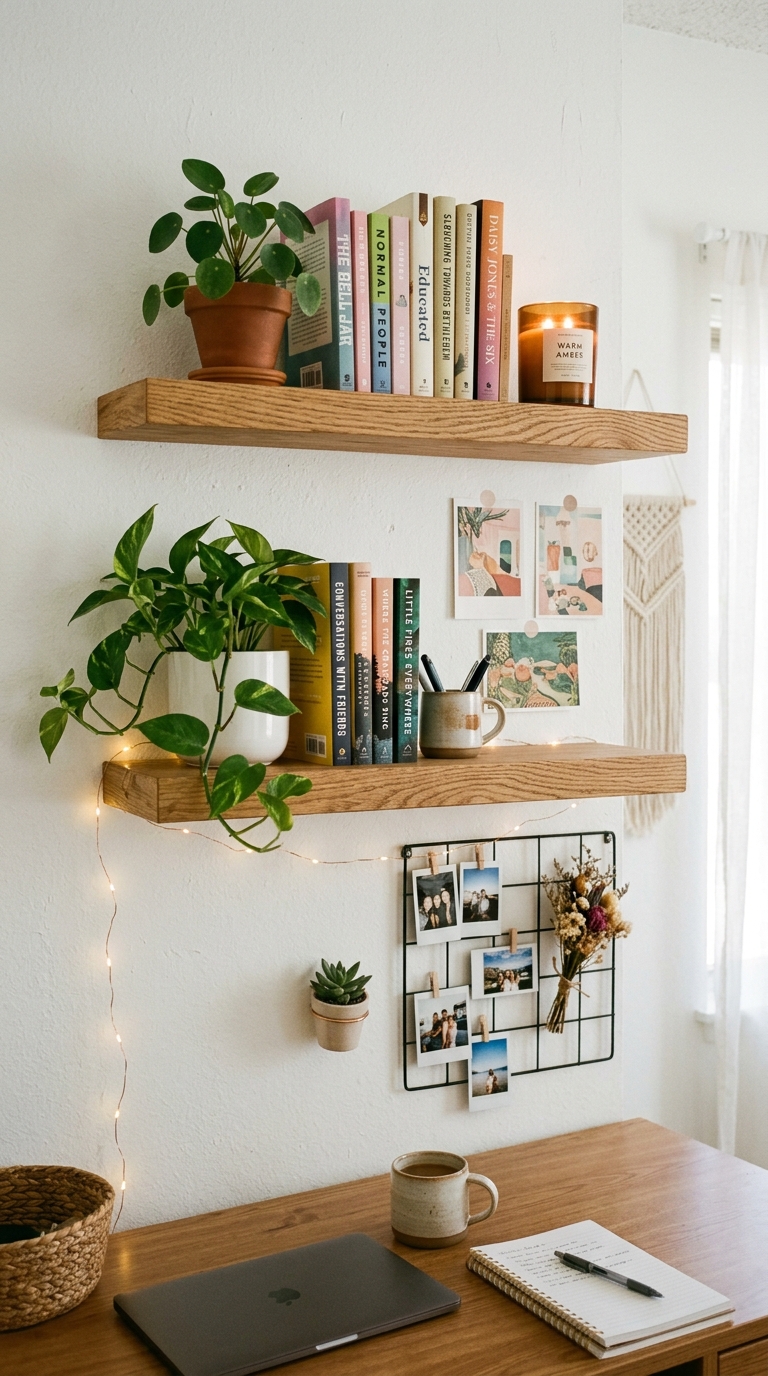 White floating shelves in dorm room styled with plants, books and candle