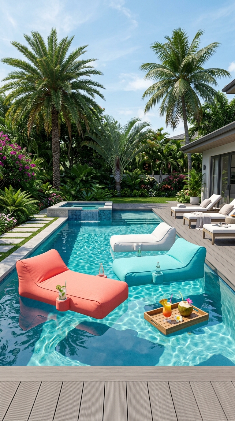 Oversized tropical floating loungers with bright coral and turquoise colors relaxing on a luxury backyard swimming pool.