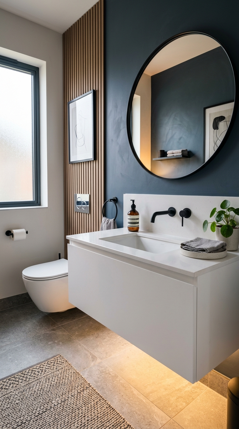 Modern half bathroom with white floating vanity and hidden storage under cabinet