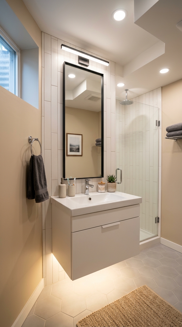 Small basement bathroom with white floating vanity, LED under-cabinet lighting, and narrow tall mirror