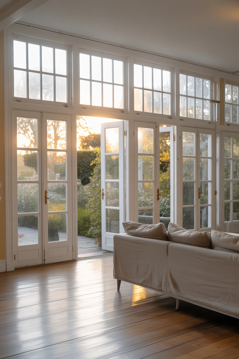 Floor-to-ceiling French patio doors in a Scandinavian living room, flooding the space with natural light and garden views