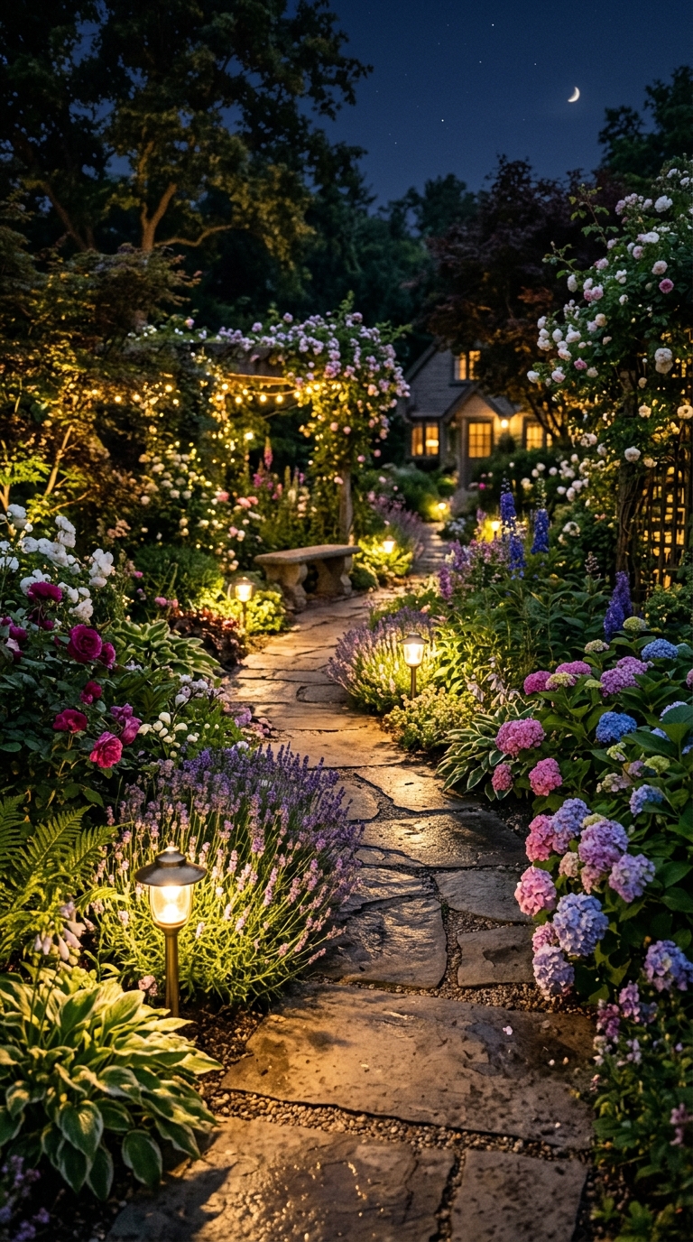 Garden lights glowing among flowers along a night pathway