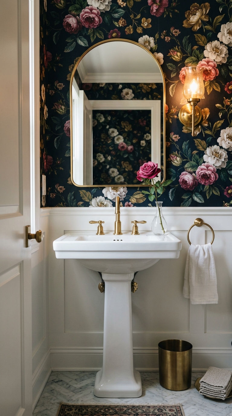 Half bathroom with dark floral wallpaper, gold fixtures, and a white pedestal sink