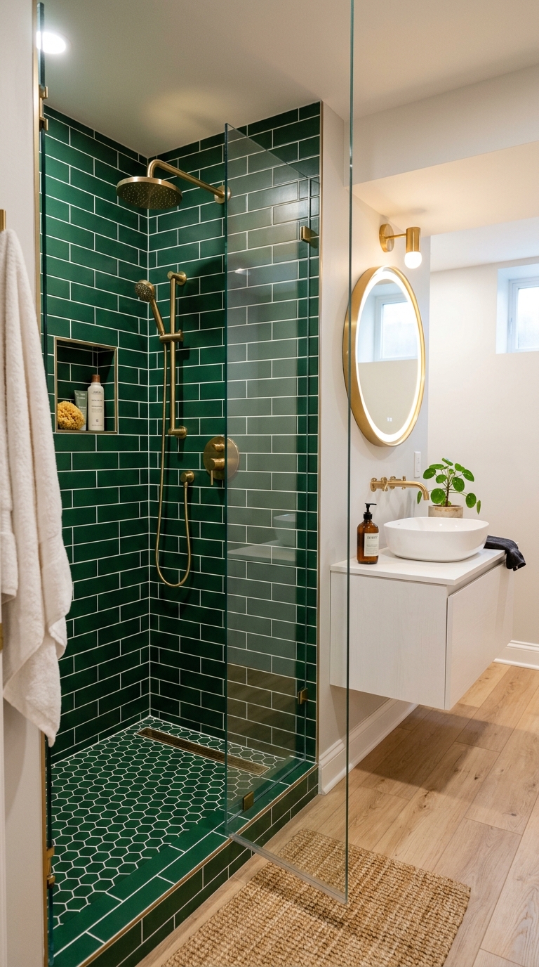 sement bathroom with deep forest green shower tile, brass fixtures, and white floating vanit
