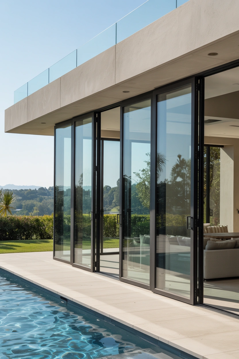 Near-frameless full-glass French patio doors in a luxury contemporary home opening to an infinity pool and manicured garden