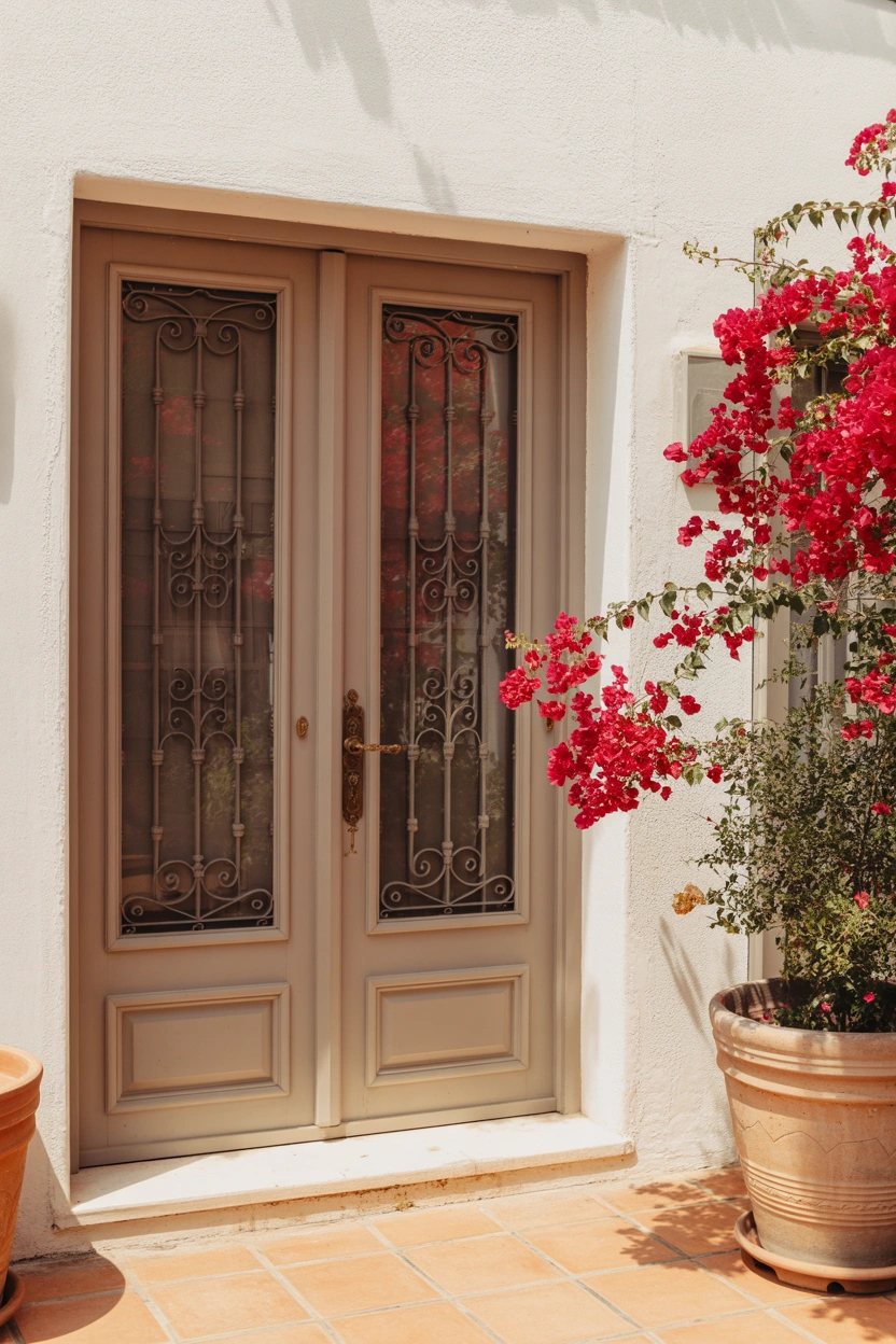 Sage green French double doors set into a brick garden wall framed by climbing white roses and wisteria in a romantic garden