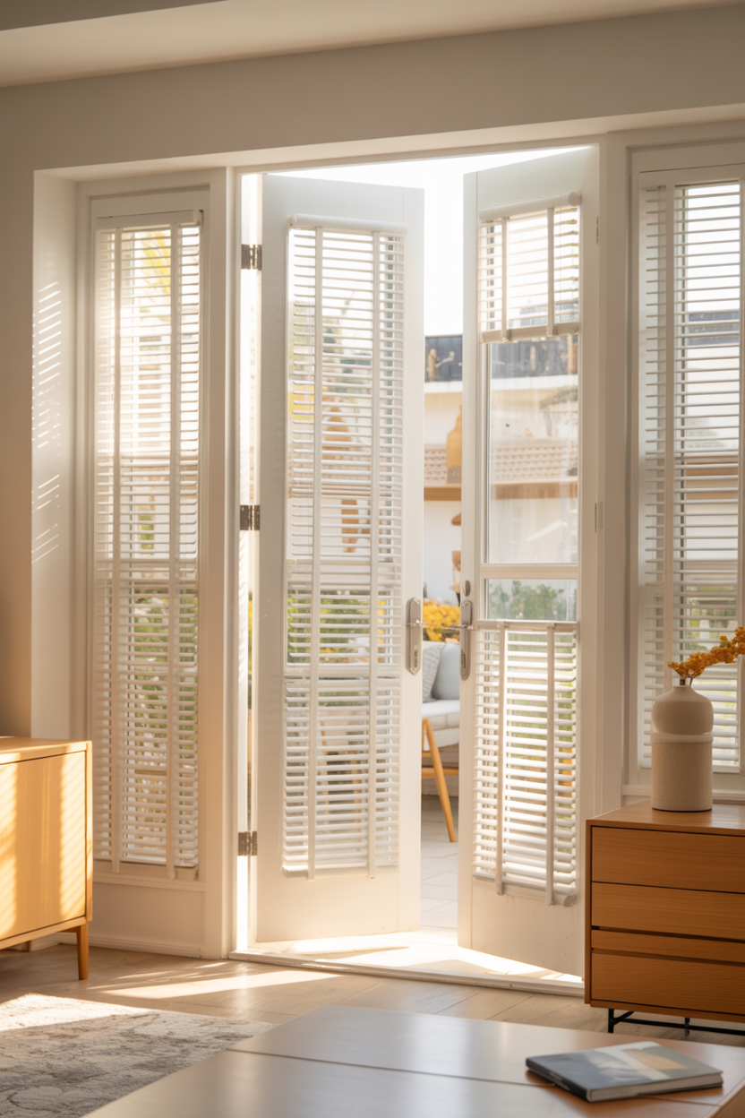 Modern French patio doors with integrated between-glass blinds partially lowered in a bright contemporary living room