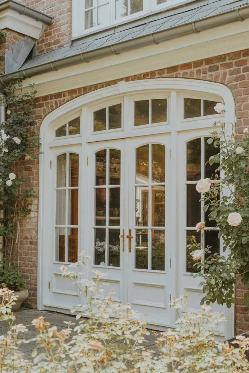 Elegant white French patio doors with arched transom windows above, set into a classic brick wall with climbing roses