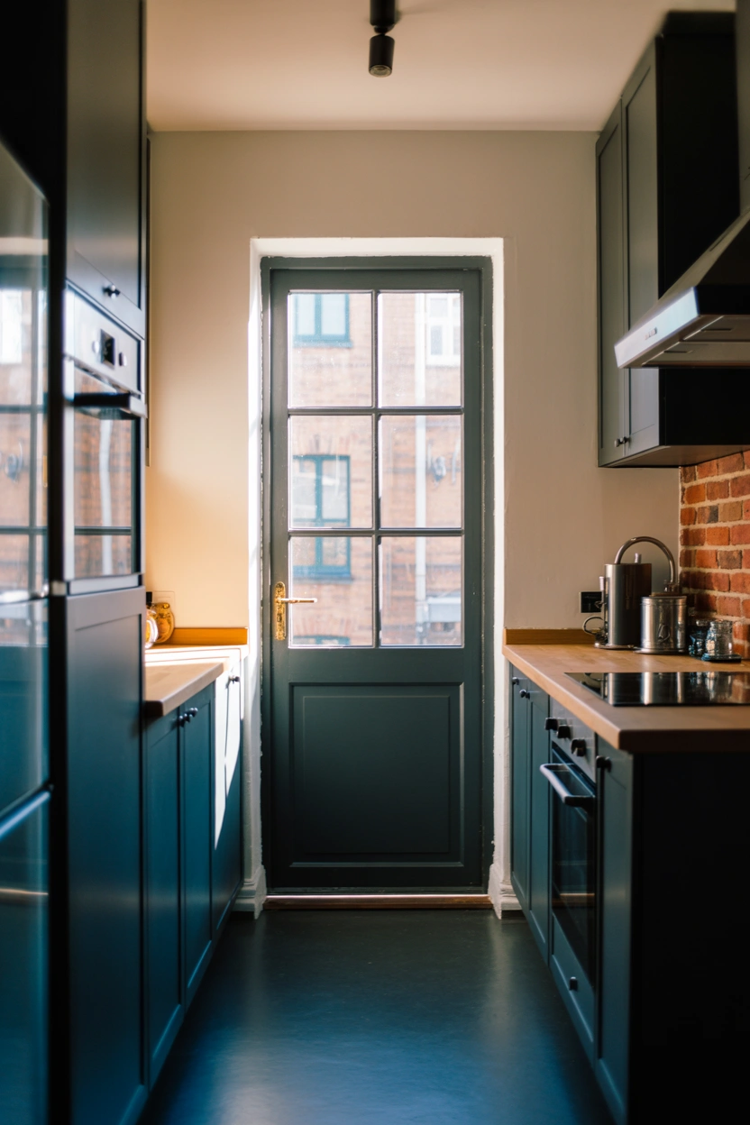 Full glass panel back door in a small kitchen with navy cabinets and warm morning light