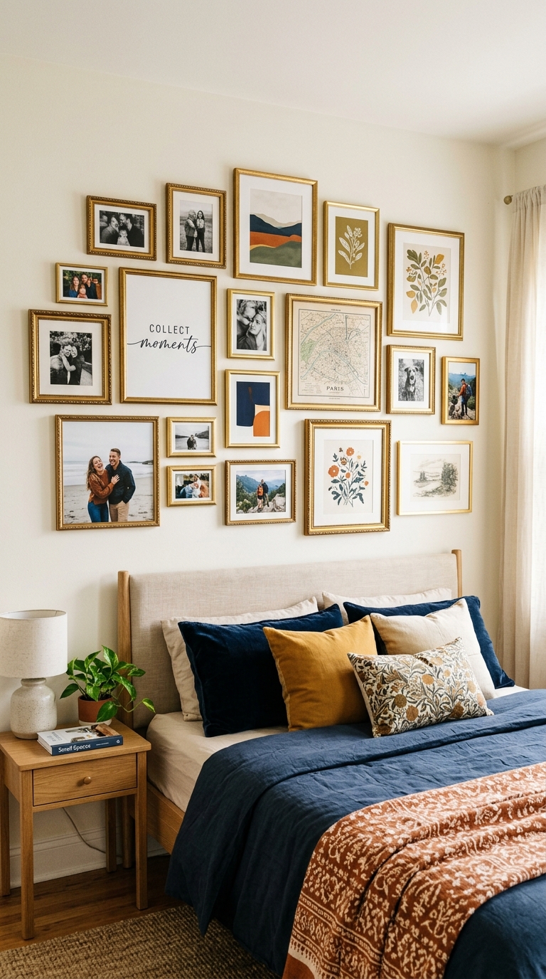Small bedroom gallery wall above bed as headboard alternative with gold frames, art prints, and coordinated neutral decor