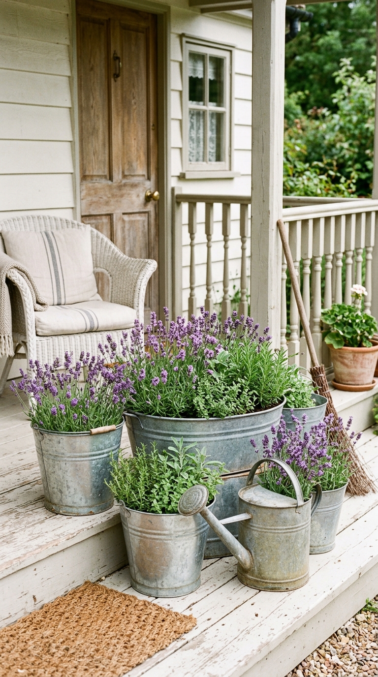 Galvanized metal buckets and troughs filled with lavender as planters on a vintage farmhouse porch