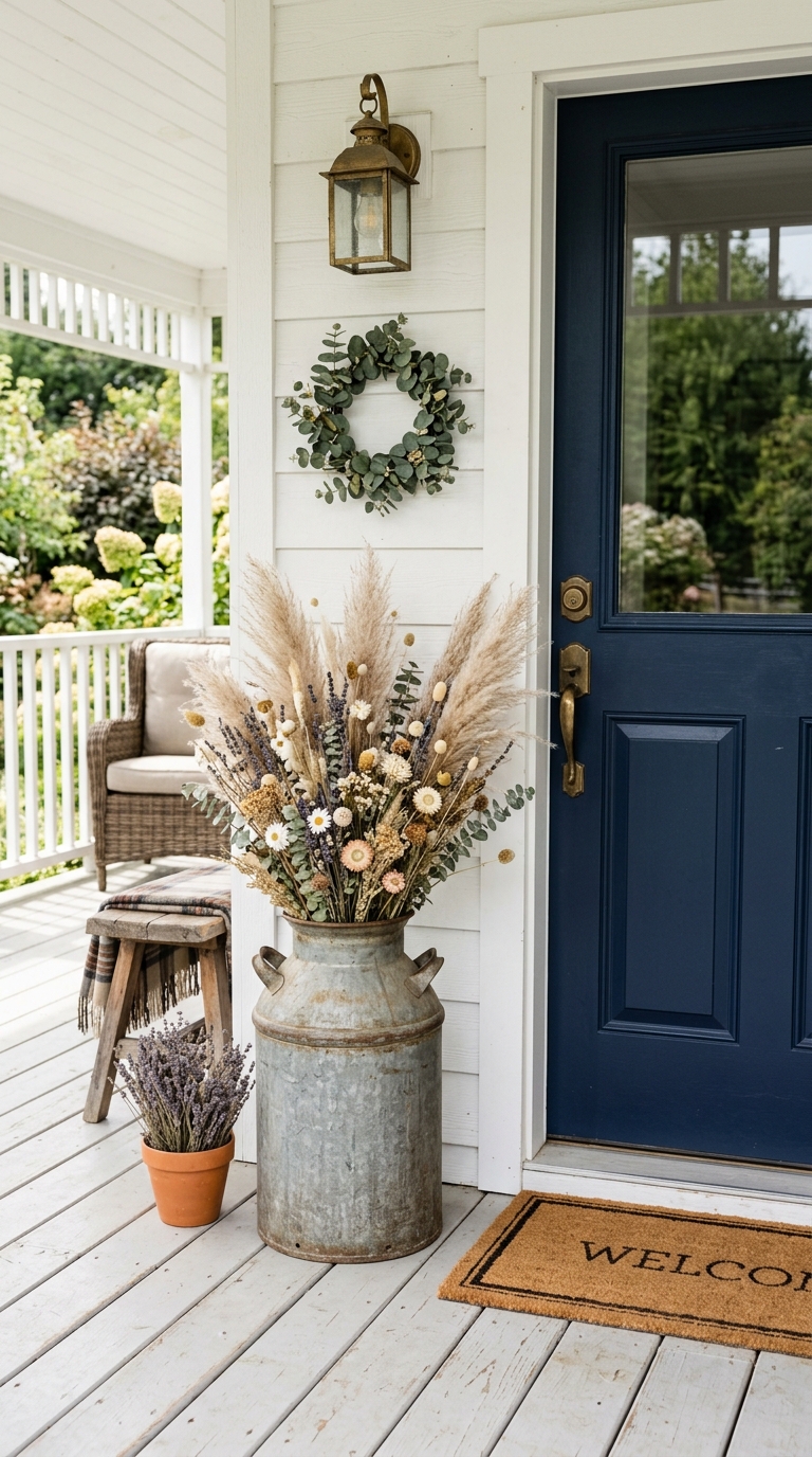Galvanized vintage milk can planter with pampas grass beside a navy front door on a farmhouse porch