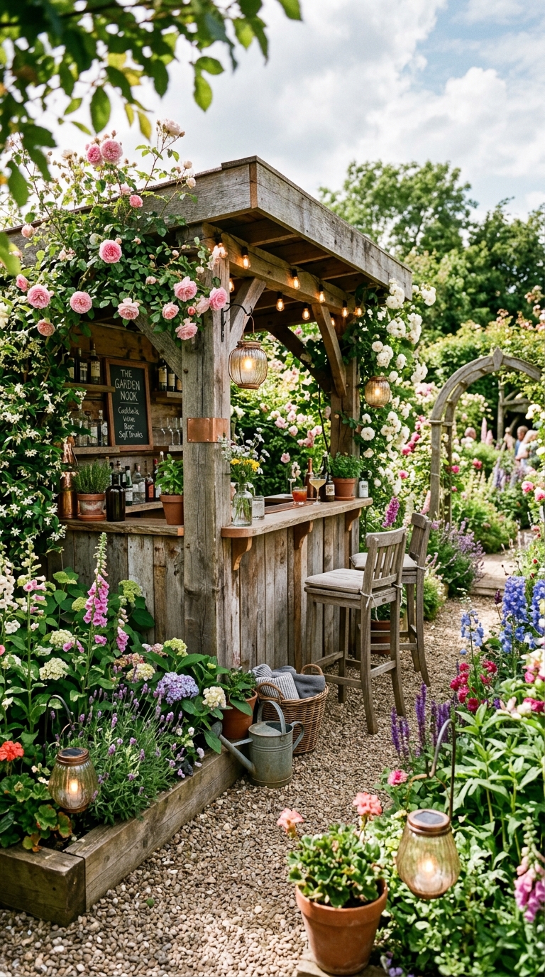 Backyard garden bar built from reclaimed timber, surrounded by raised planting beds and climbing roses in a cottage garden outdoor entertaining space