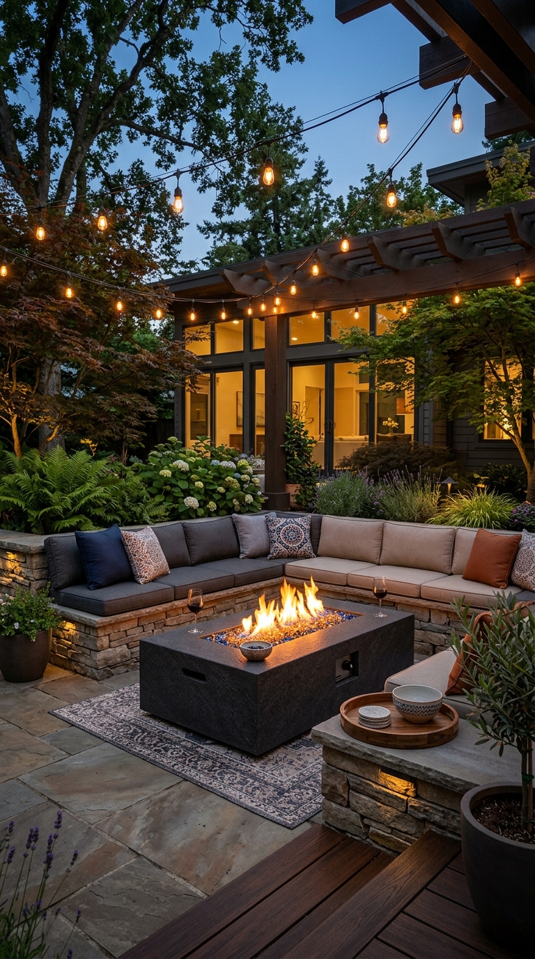 Gas fire pit table with built-in stone bench seating and Edison lights in a modern backyard