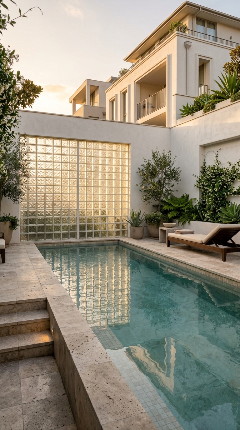 Glass block privacy wall surrounding a modern backyard swimming pool
