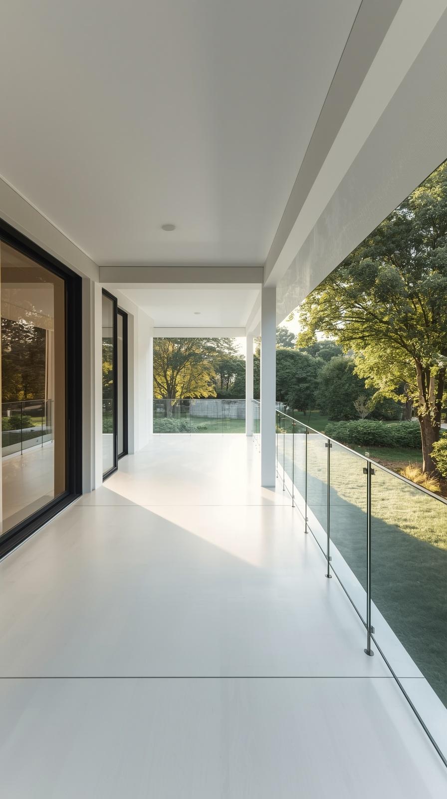 Frameless glass panel porch railing with panoramic garden view and modern architecture