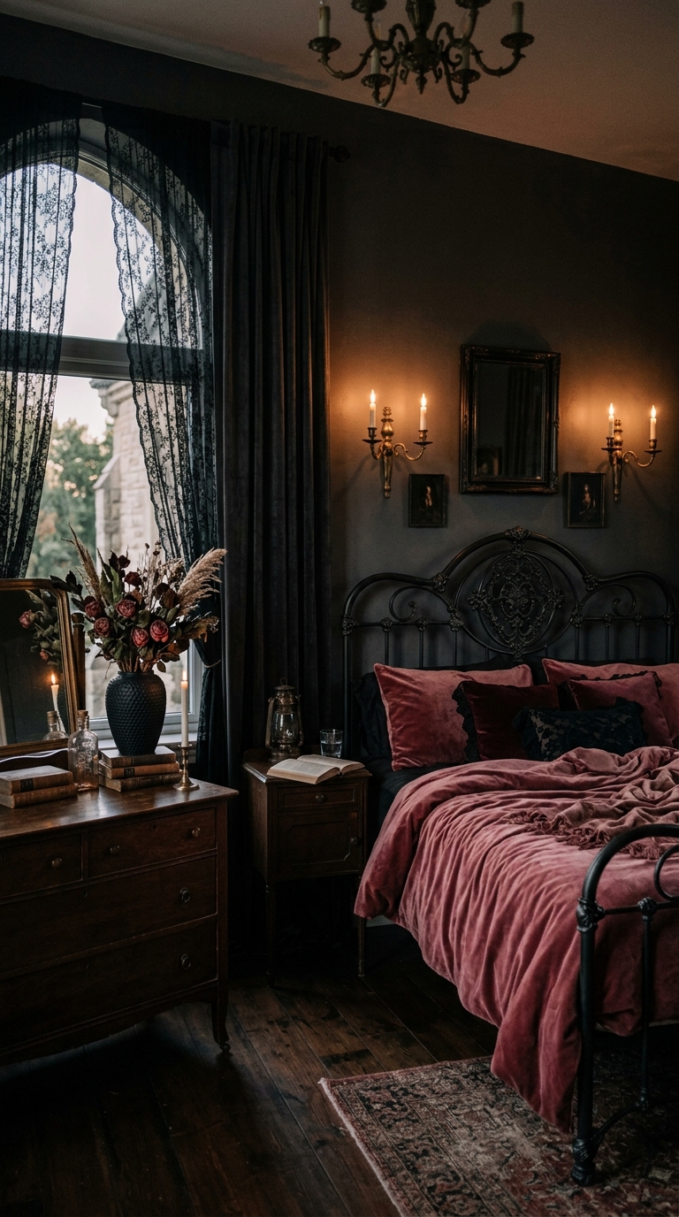 Gothic romantic bedroom with black iron bed frame, deep rose velvet bedding, lace curtain overlays, candelabra sconces, and dried black rose arrangement