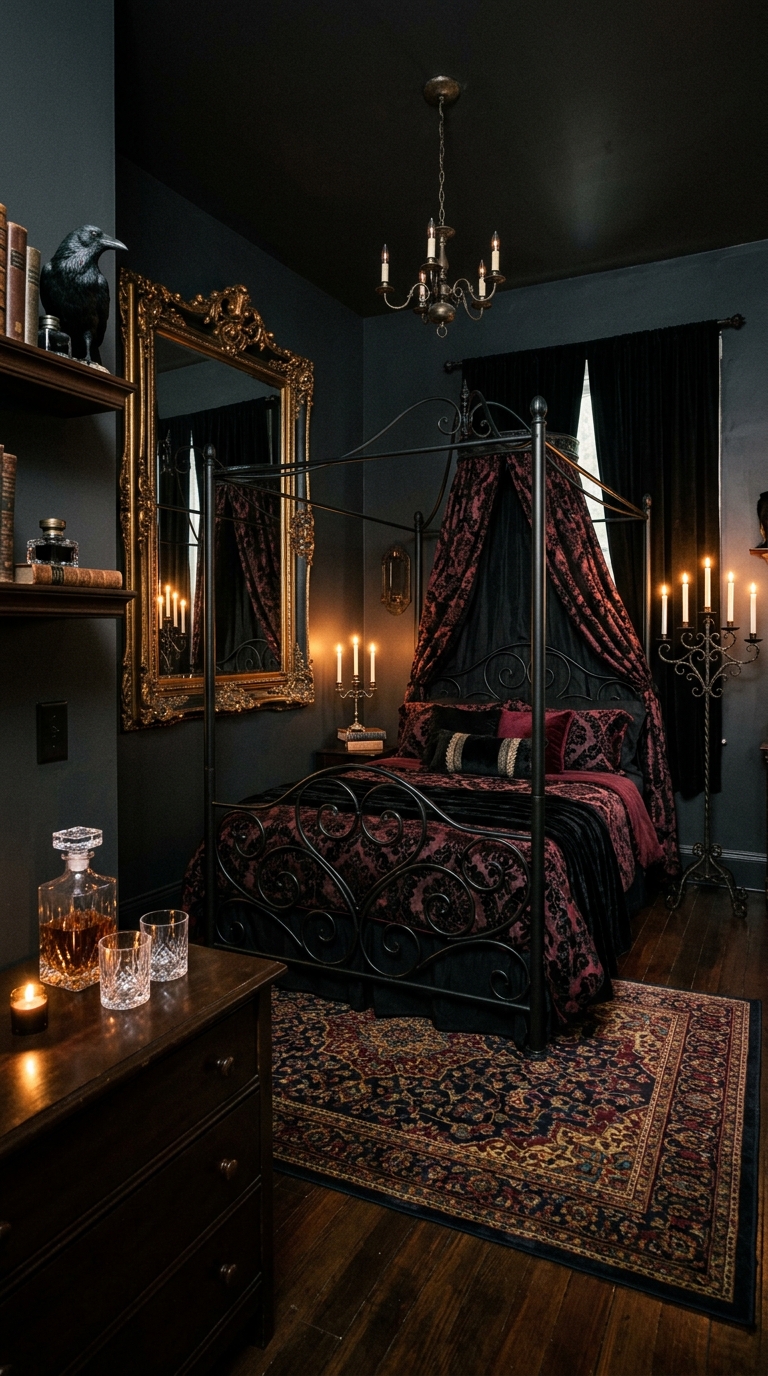 Gothic Victorian bedroom with matte black iron four-poster bed, black and burgundy damask canopy draping, oversized ornate gilded mirror on wall, tall floor candelabra in corner, deep charcoal walls, Persian rug in jewel tones, raven figurine on shelf, crystal decanter on dark wood dresser, dramatically moody editorial lighting