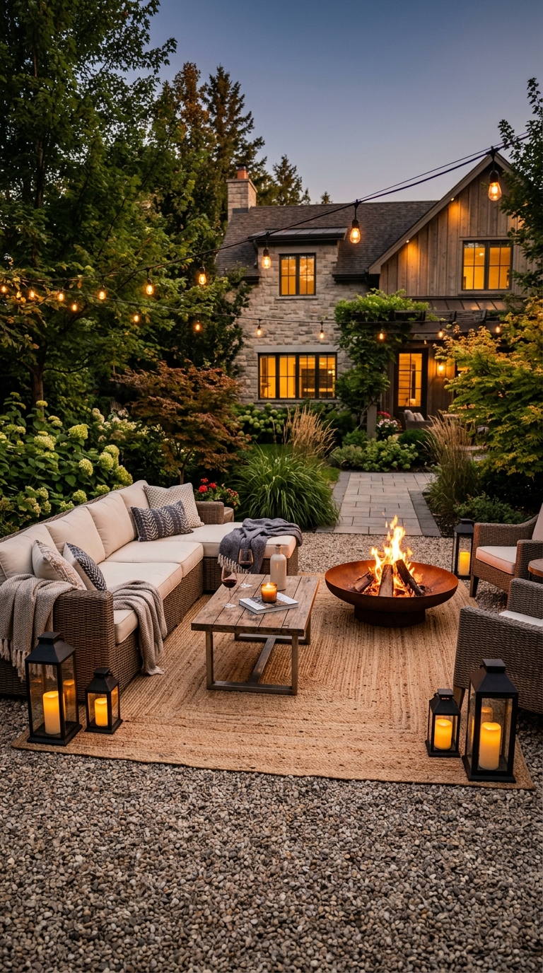 Gravel fire pit with full outdoor living room setup including sofa, rug, and lanterns in a beautiful backyard